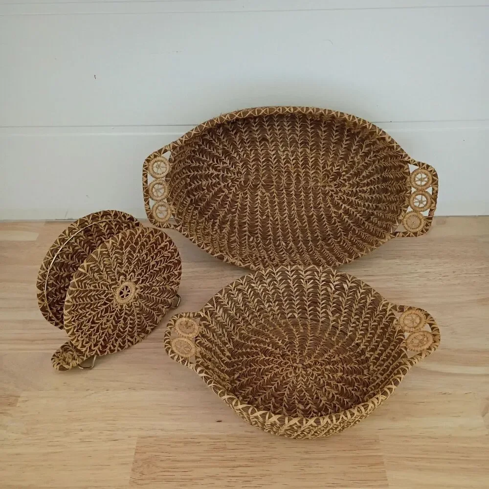 Vintage Wicker Baskets and Napkin Holder Set Country Farmhouse